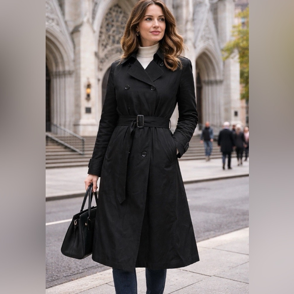 London Fog Women Black Trench Coat, Double Breasted Belted, Size 8 Regular